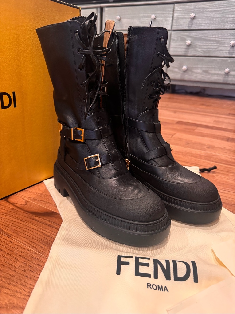 NWT Fendi Delfina Black Leather Lace-Up Combat Biker Boots Gold Buckles 8T8445